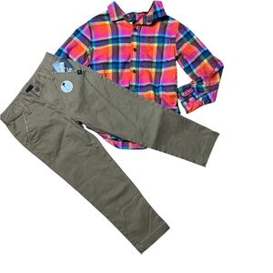 Colorful Plaid Kids long sleeve shirt with kahki pants